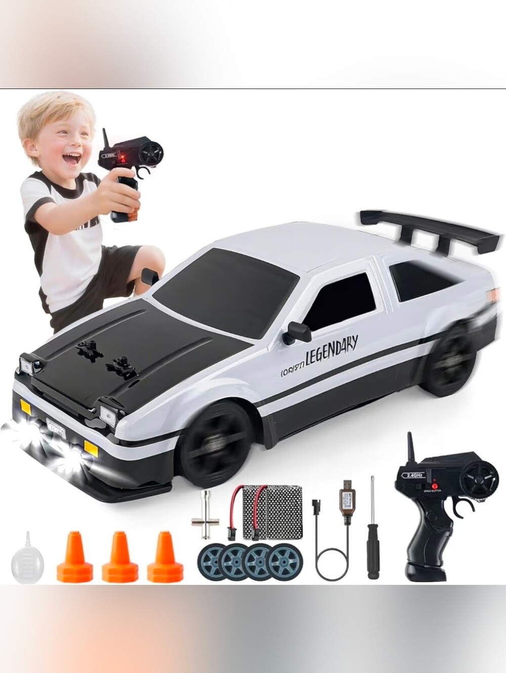 RC Drift Car 1:16, Retro Style Initial D Toyota Sprinter, LED Lights & Spray, 2.